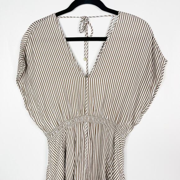 Hale Bob XSmall XS Gadi Twill Striped Midi Dress Taupe White Slit Front Tie Back - Picture 3 of 11